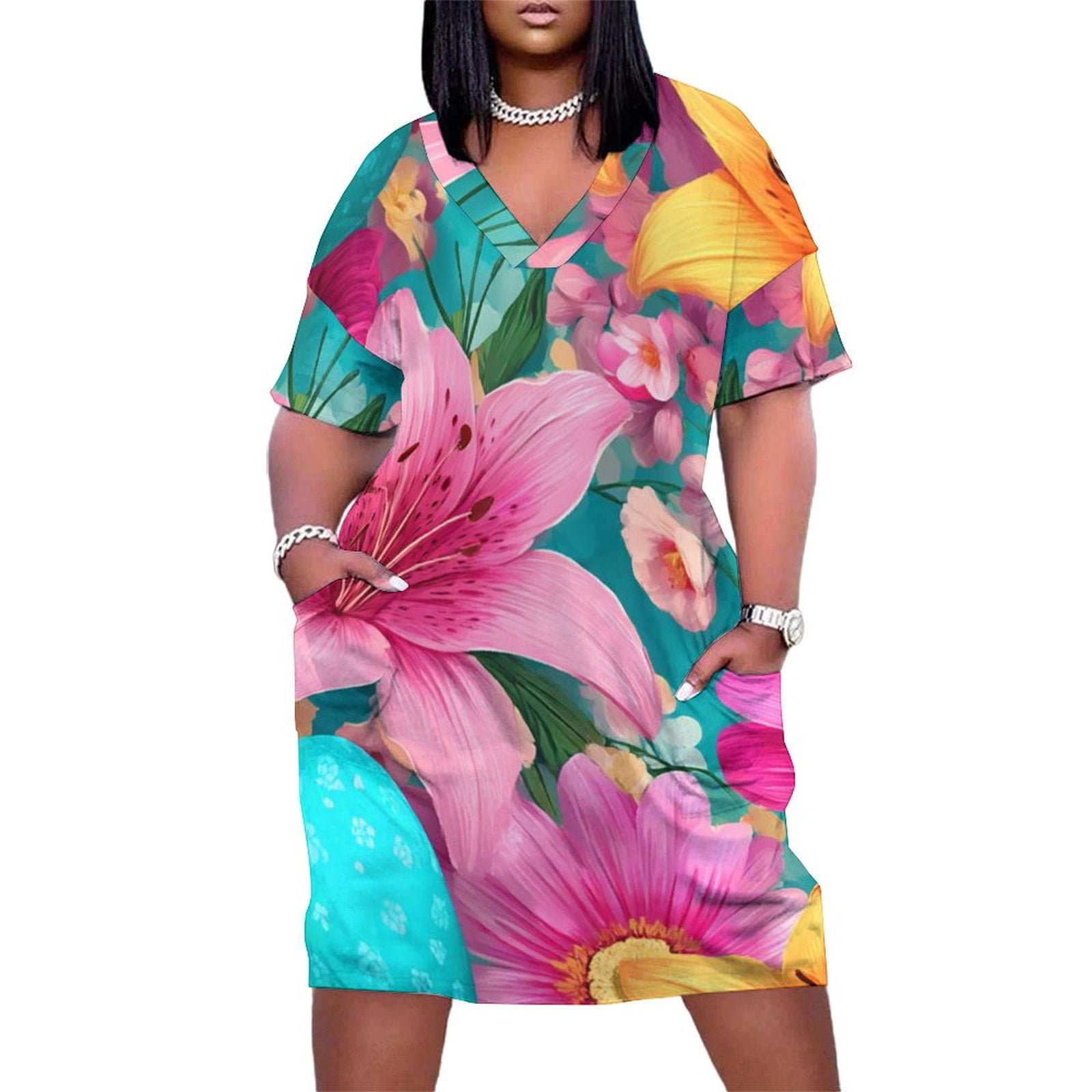 Plus Size Floral Prints Short Sleeve Summer Loose Dress