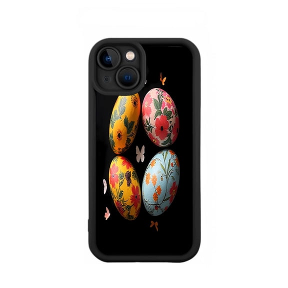 Vibrant Floral Easter Egg Design iPhone 15 Case - Lightweight Yellowing Resistant Black Background with Butterflies & Flowers