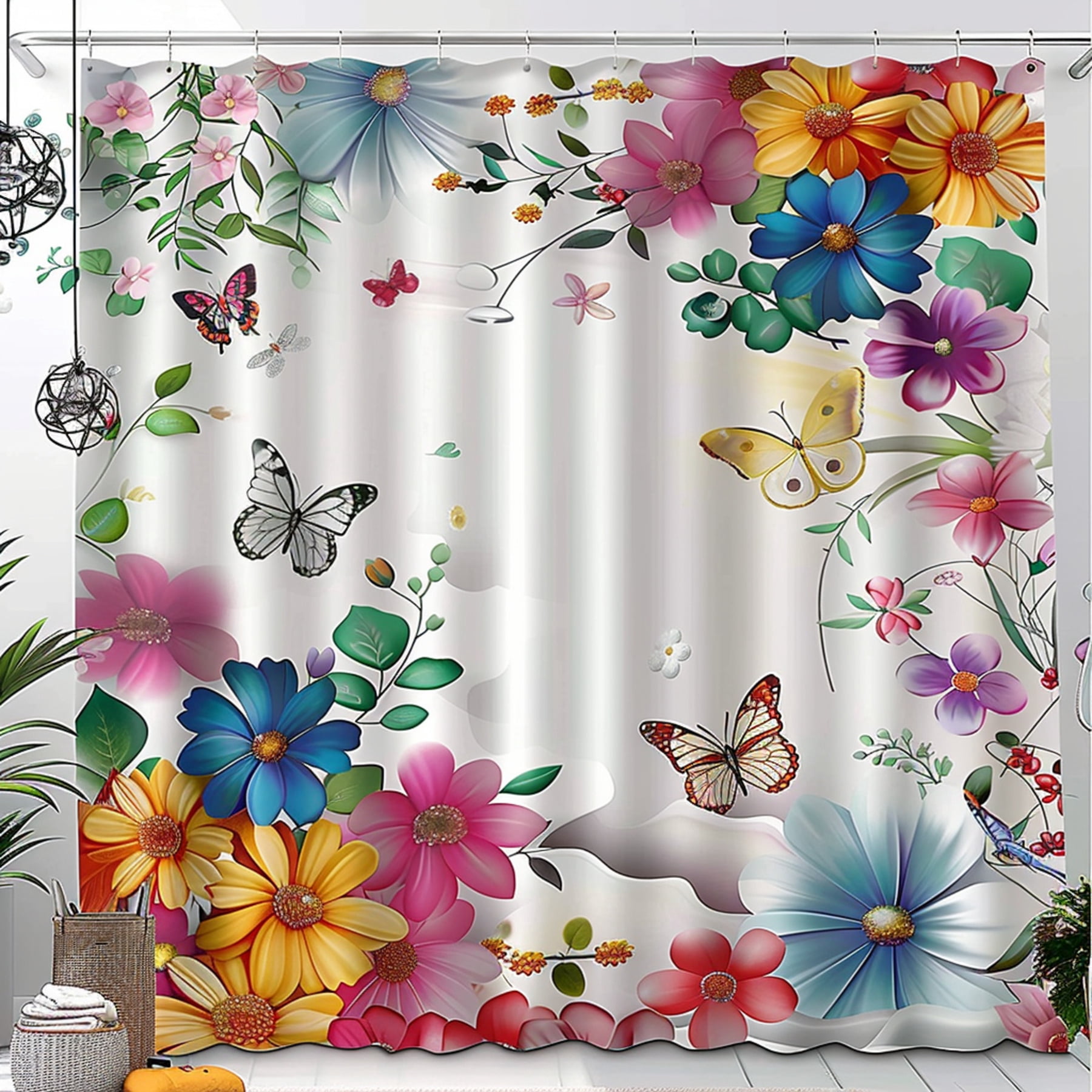 Vibrant Floral Fantasy Shower Curtain Stunning Flowers and Butterflies