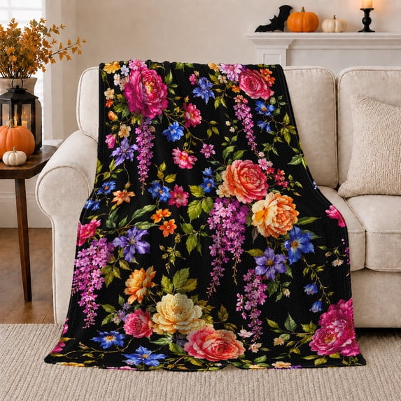 Vibrant Floral Garden Dark Background Rich Blossoms, Cozy Friendship Quote Scene, Warm Flannel Blanket for Living Room and Reading Nook, Art Lovers Friendship Gift, Artistic Home Decor