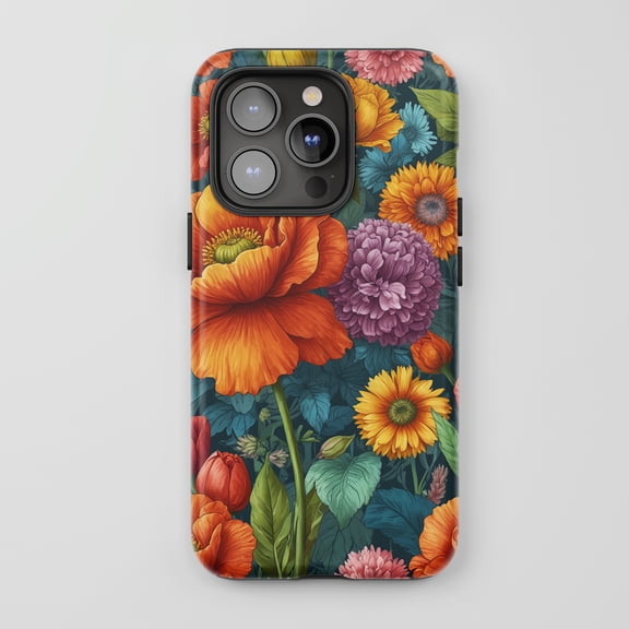 Vibrant Floral Garden For All iPhone Series Protective Phone Case Botanical Art Deep Teal Multi-color
