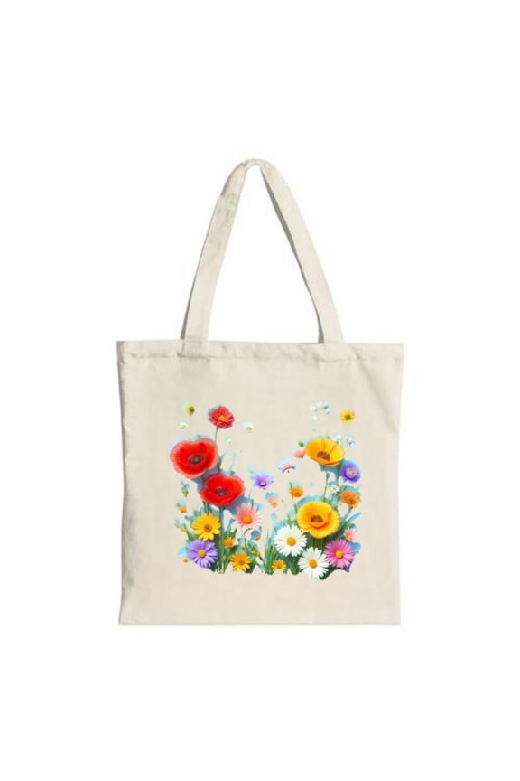 Vibrant Floral Garden Tote Bag - Cream Canvas Colorful Daisies Asters & Forget - Me - Nots Perfect for Shopping & Travel