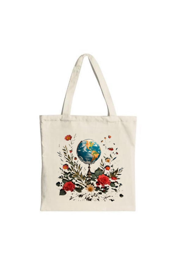 Vibrant Floral Globe Tote Bag - Canvas Reusable Perfect for Shopping Travel & Parties Features Red Roses & Yellow Daisies