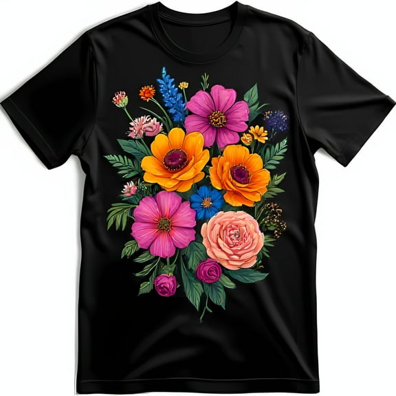 Vibrant Floral Graphic Black T-Shirt for Men & Women Artistic Chest Design