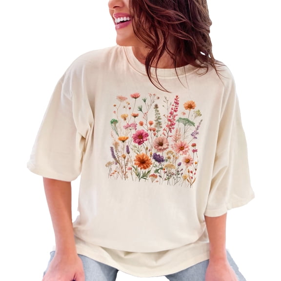 Vibrant Floral Graphic T-Shirt, Colorful Wildflower Tee, Botanical Flower Print Shirt, Trendy Nature Inspired Tee, Casual Spring Outfit, Ivory Comfort Colors T-Shirt, Large