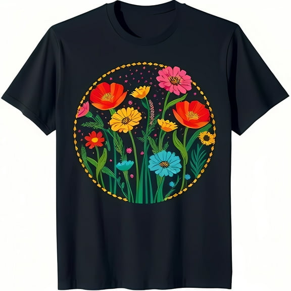 Vibrant Floral Graphic on Black T-Shirt Colorful Flowers & Green Leaves Design