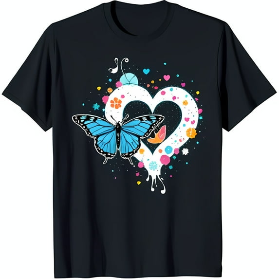 Vibrant Floral Heart & Blue Butterfly Graphic on Black T-Shirt Stylish & Unique