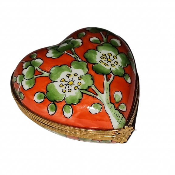 Green Flowers on Orange Heart Box for Gift Giving Limoges Box Porcelain Figurine