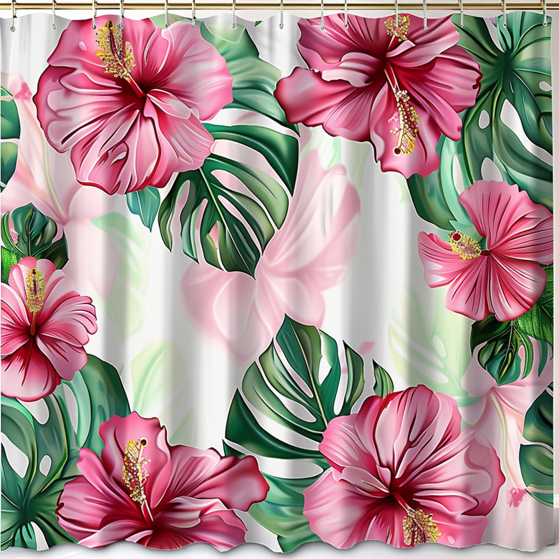 Vibrant Floral Hibiscus and Monstera Leaf Print Shower Curtain Bring ...