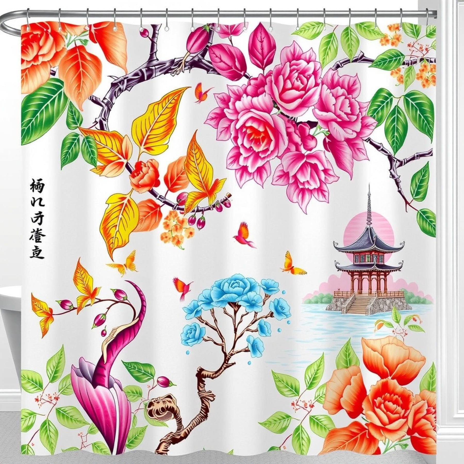 Vibrant Floral Japanese Style Shower Curtain with Pagoda Design ...