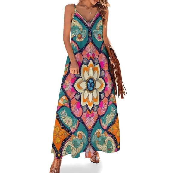Vibrant Floral Mandala Pattern Sleeveless Suspender Dress Summer Fashion Casual Long Dress