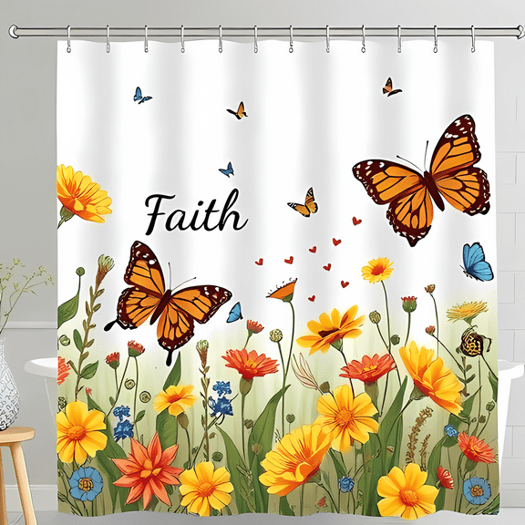 Vibrant Floral Meadow Shower Curtain with Monarch Butterflies & Inspirational "Faith" Design - Perfect for Brightening Your Bathroom
