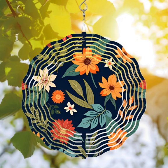 Vibrant Floral Metal Hanging Wind Spinner - Concentric Wave Design with Orange Yellow and Red Flowers on Dark Blue Background