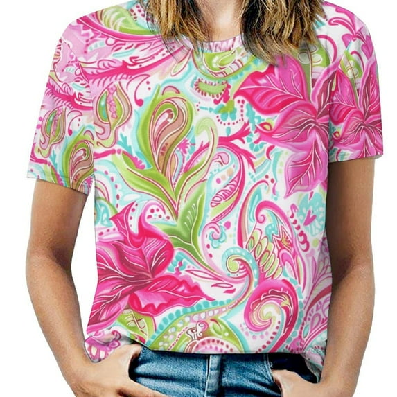 Vibrant Floral Paisley Fabric Design Pink Green White Women's Short Sleeve Tops Casual Blouses T Shirt