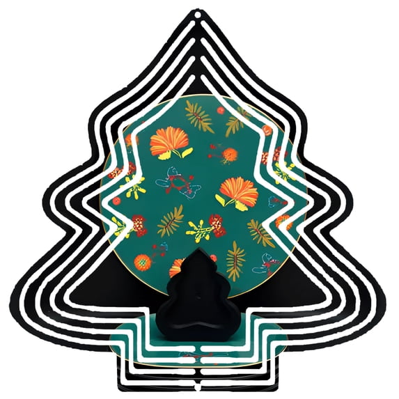 Vibrant Floral Pattern Metal Hanging Christmas Tree Wind Spinner - Elegant Garden Decoration with Black Base & Colorful Rings