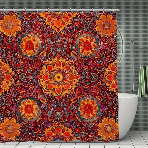 Vibrant Floral Pattern Red Orange Print Shower Curtain,Modern Fabric Waterproof Shower Curtain Set with Hooks,70.8×70.8Inch