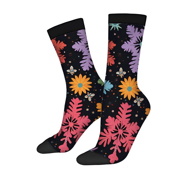 Vibrant Floral Pattern Socks - 2 Pairs of Unisex Trendy Socks with Colorful Flowers & Butterflies Perfect for All Seasons