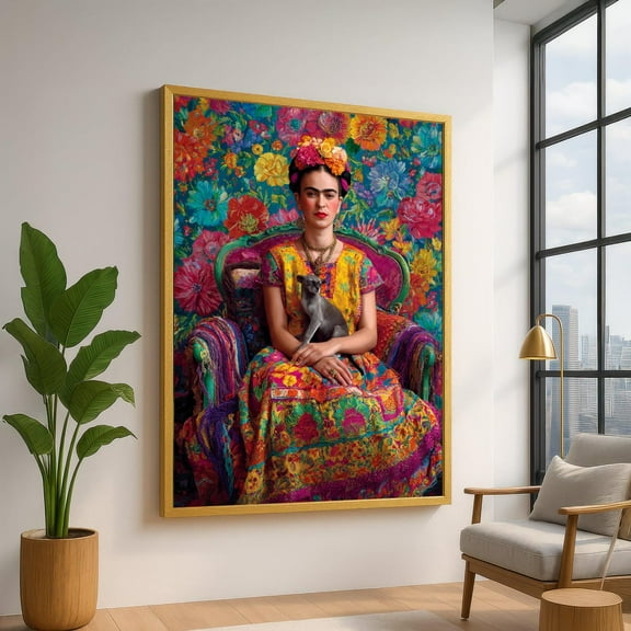 Vibrant Floral Portrait Canvas, Frida Kahlo Wall Art, Colorful Mexican Folk Art, Bohemian Home Decor, Statement Canvas Print, Unframed Poster Size 12x18