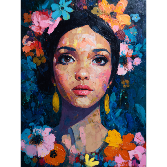 Vibrant Floral Portrait Canvas Print, Modern Figure Wall Art for Living Room Bedroom Dining Room Hallway Office Decor