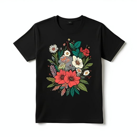 Vibrant Floral Print Black T-Shirt for Men and Women Colorful Bloom Design