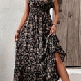 thumbnail image 1 of Vibrant Floral Print Ruffled A-Line Dress - Shirred Waist, Relaxed Fit, Vacation-Ready, Spring & Summer Essential - Women's Stylish Clothing for Warm Weather,XL,Black, 1 of 6