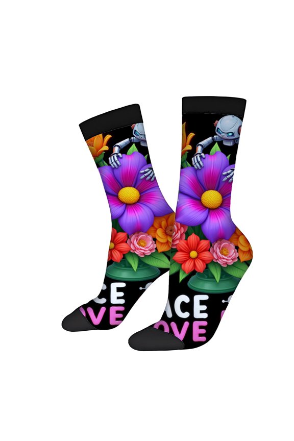 Vibrant Floral & Robot Design Socks - 2 Pairs of Unisex Trendy Socks with Colorful Flowers & Cartoon Robots - Perfect for All Seasons