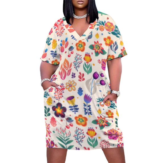 Vibrant Floral Seamless Pattern Design Women's Loose Short Sleeve Dress Casual Summer Plus Size Long Dresses with Pockets