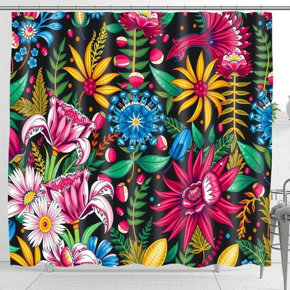 Vibrant Floral Shower Curtain - Bold Colors on Black Background