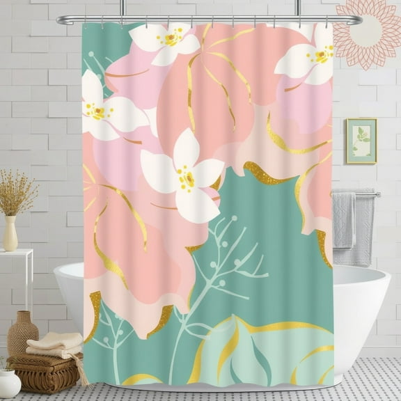 Vibrant Floral Shower Curtain - Pastel Pink & Green with Gold Accents Teal Background Modern Bathroom Decor
