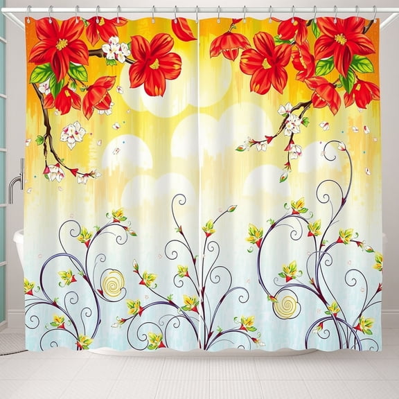 Vibrant Floral Shower Curtain - Red Flowers on Yellow & Blue Gradient