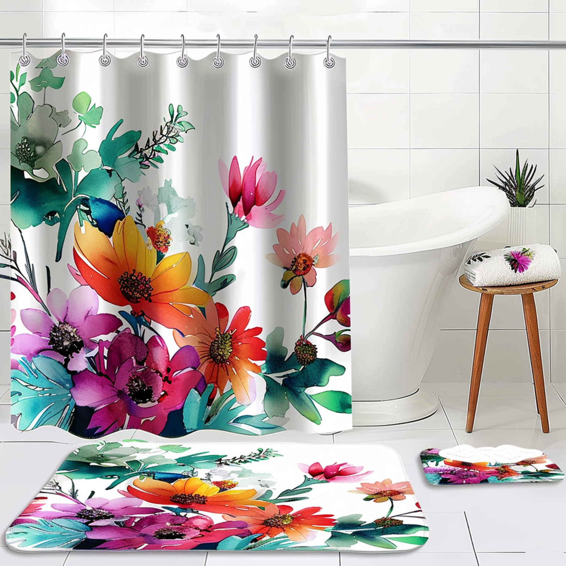 Vibrant Floral Shower Curtain Set Colorful Bathroom Decor with Matching