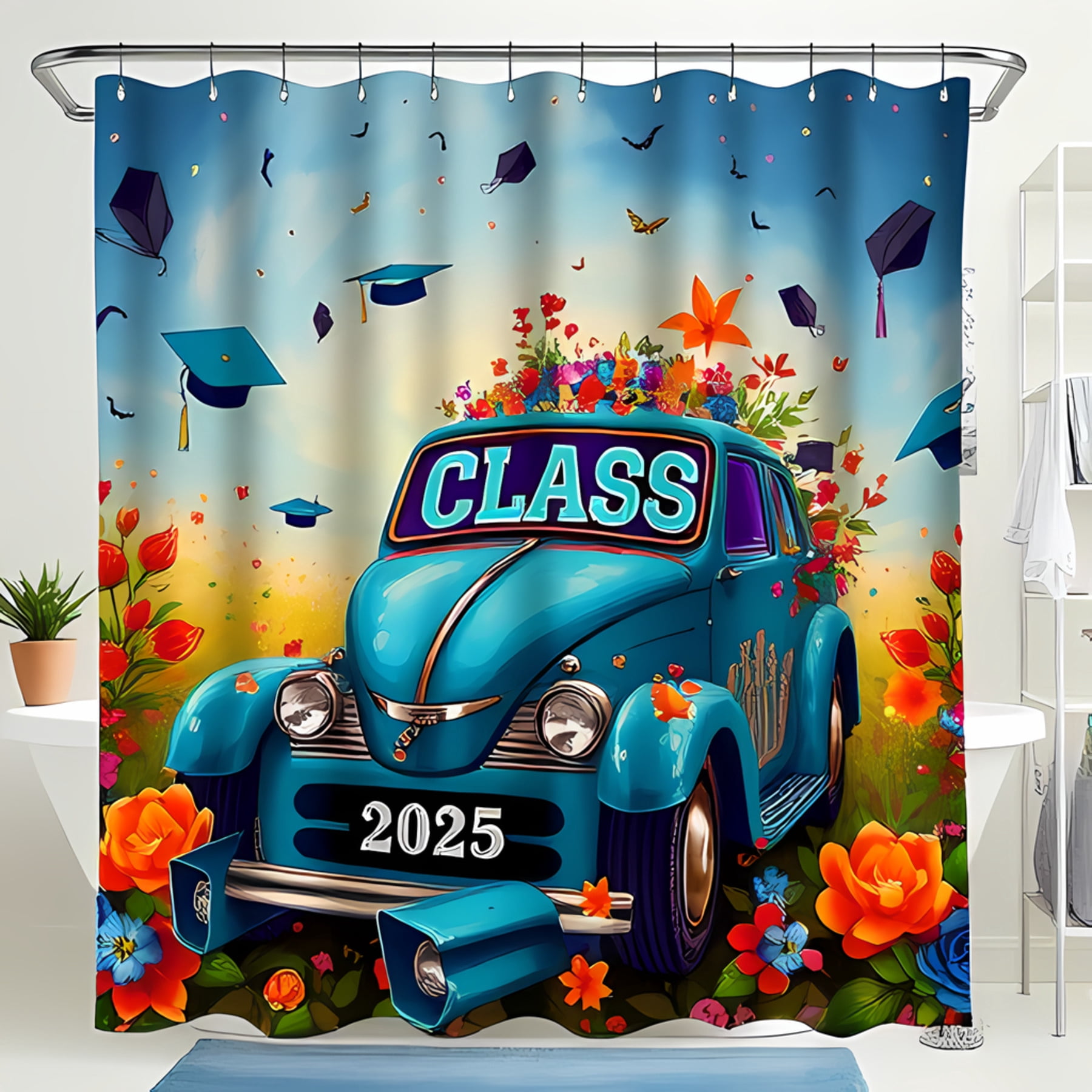Vibrant Floral Shower Curtain with Classic Blue Car Design Colorful ...