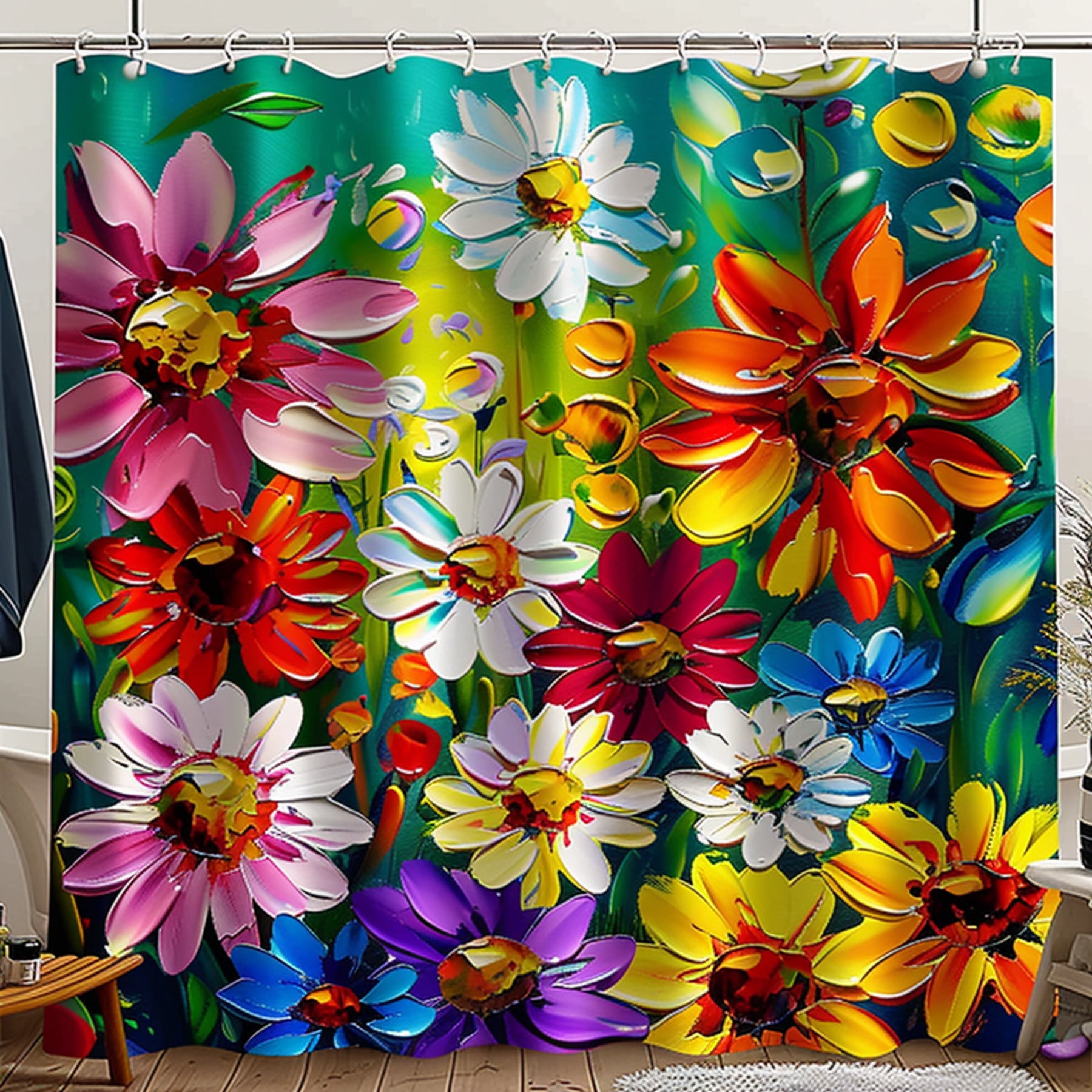 Vibrant Floral Shower Curtain with Colorful Daisies and Chrysanthemums ...