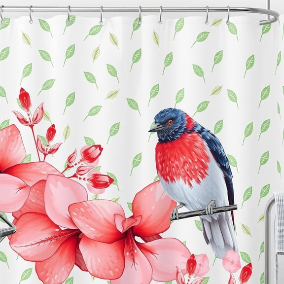 Vibrant Floral Shower Curtain with Green Leaves Colorful Flowers & Blue Bird - Elegant Bathroom Decor