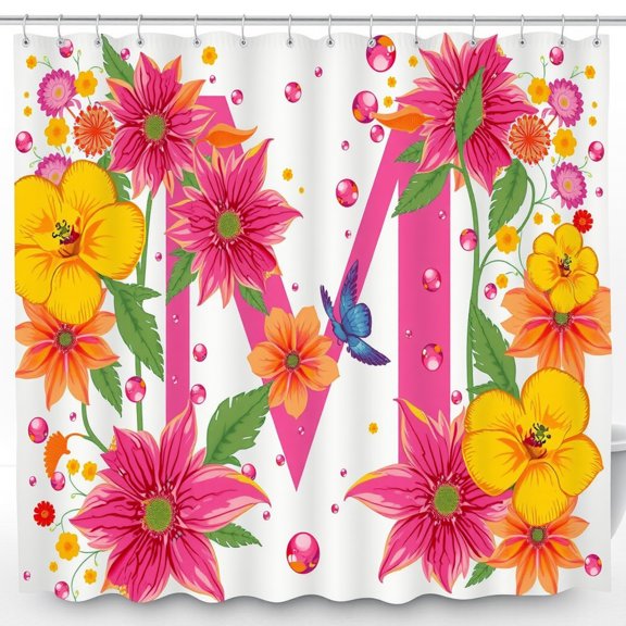 Vibrant Floral Shower Curtain with Large Pink 'M' - Cheerful Design