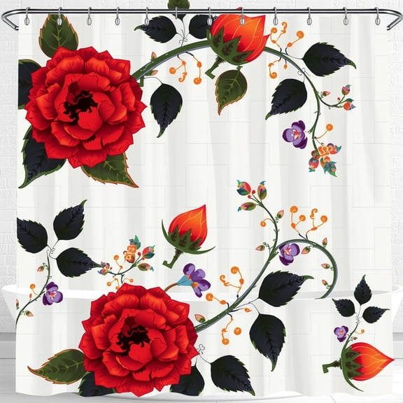 Vibrant Floral Shower Curtain with Red Roses & Glossy Black Leaves