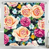 Vibrant Floral Shower Curtain with Roses & Greenery - Navy Blue Watercolor Design Vintage Style