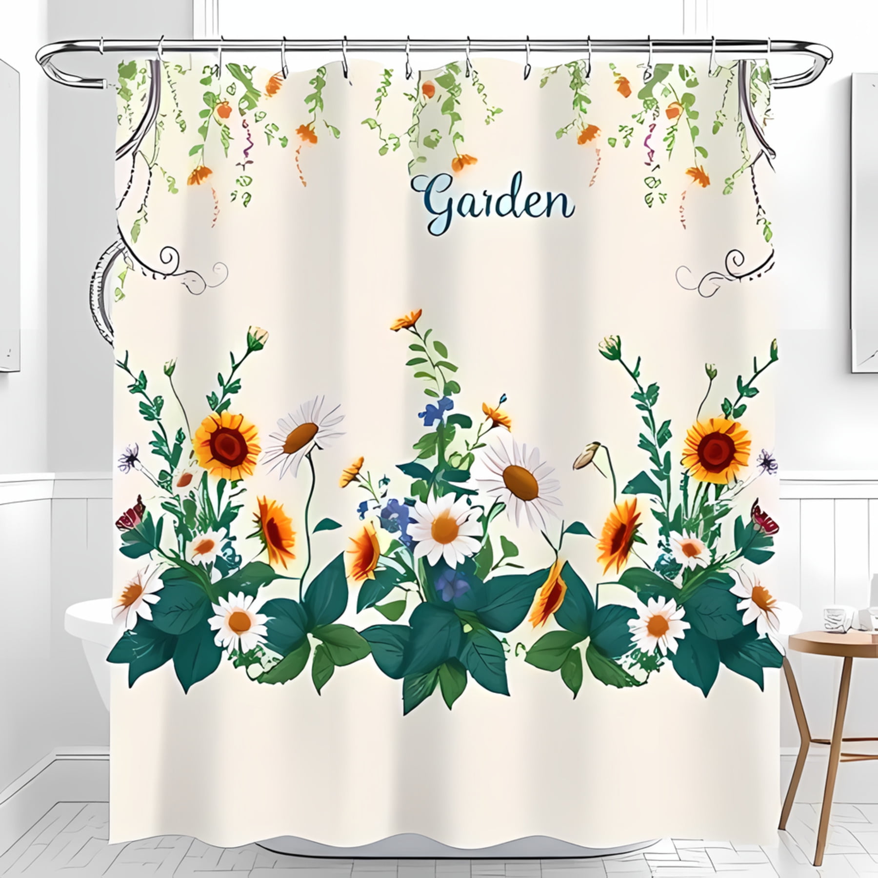 Vibrant Floral Shower Curtain With Sunflowers & Daisies Elegant Garden 