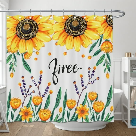 Vibrant Floral Shower Curtain with Sunflowers - Elegant Black Script ' - Cheerful Bathroom Decor
