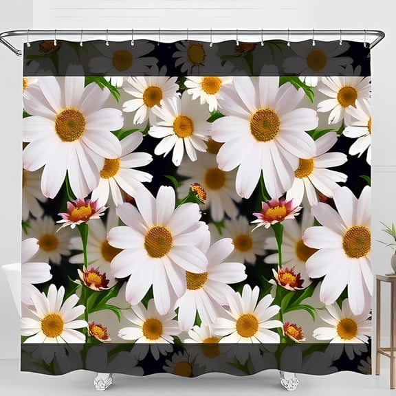 Vibrant Floral Shower Curtain with White Daisies on Black Background - Brighten Your Bathroom Decor