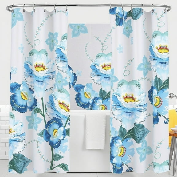 Vibrant Floral Shower Curtains - Watercolor Design in Blue Teal & Yellow - Cheerful Bathroom Decor