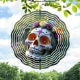 thumbnail image 1 of Vibrant Floral Skull Metal Wind Spinner - Colorful Roses & Concentric Wave Design for Stunning Yard & Garden Decor, 1 of 6