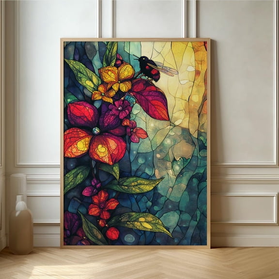 Vibrant Floral Stained Glass Art, Colorful Modern Botanical Poster for Brightening Your Living Space, Poster Only