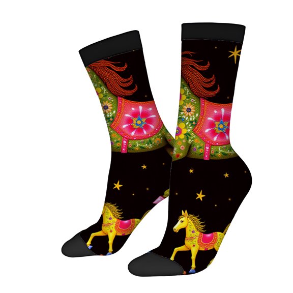 Vibrant Floral & Star Pattern Socks - 2 Pairs of Unisex Trendy Socks with Colorful Horses Perfect for All Seasons