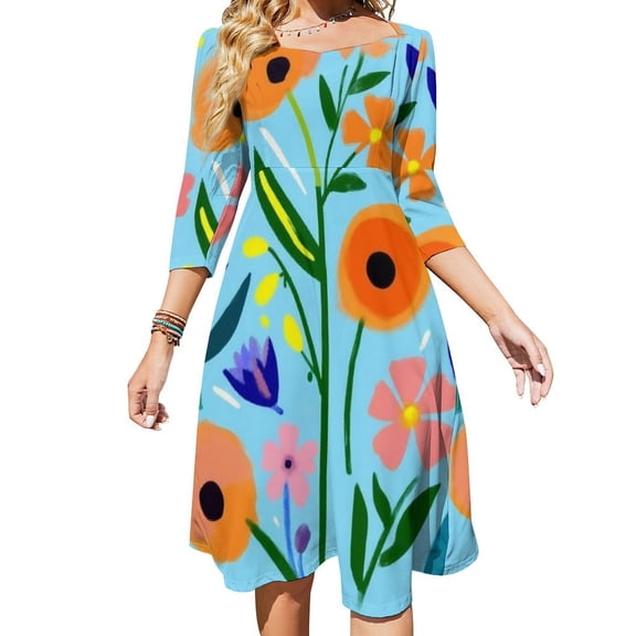 Vibrant Floral Summer Art Print Womens Summer Dress Tie Back A Line Flare Dress