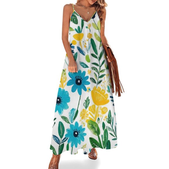 Vibrant Floral Summer Blue Yellow Green Sleeveless Dress Women's Evening Dress Womans Clothing