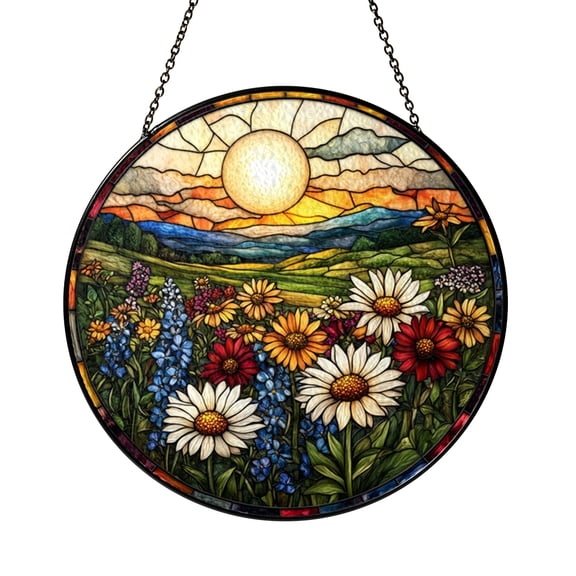 Vibrant Floral Sunset Stained Glass Circular Panel, Cheerful Window Decor for Living Spaces