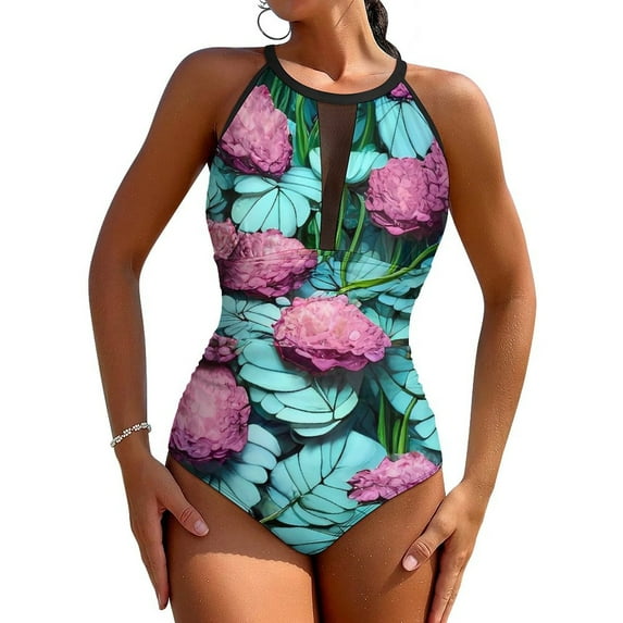 Vibrant Floral Swimsuit Sexy Flower Painting Print One Piece Swimwear Push Up Swimsuits Vintage Surfing Bathing Suit