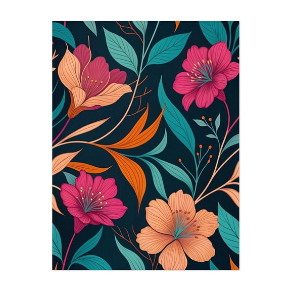 Vibrant Floral Symphony - Digital Art Floral Pattern Botanical Flowers Modern Art Tropical Nature Unframed Wall Art Print 6 x 8 inches