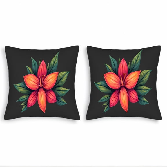 Vibrant Floral Throw Pillow Covers 18x18in Set of 2 - Orange to Red Gradient Flower Design with Glossy Green Leaves for Couch Bed Car Decor